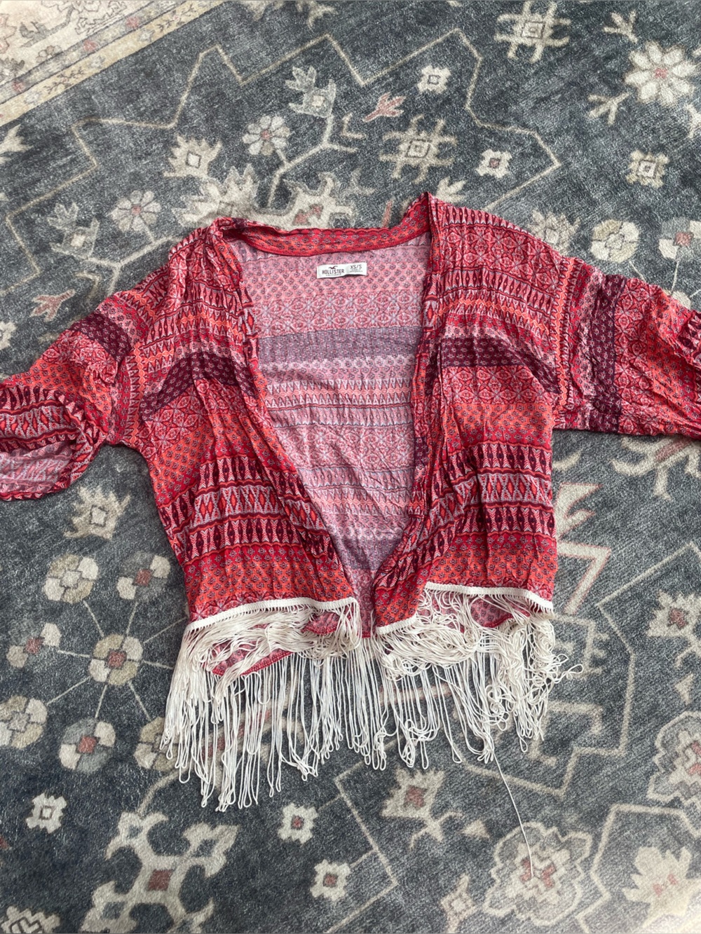 Hollister Red Geometric Print Lightweight Kimono Cardigan